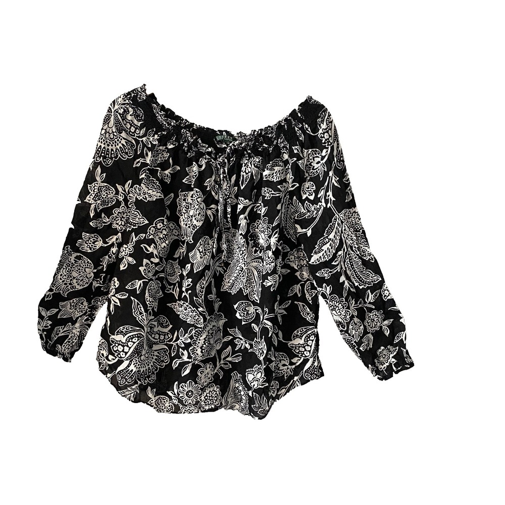 Ralph Lauren Black With White Floral Smock Cotton Off-Shoulder Top Size XL